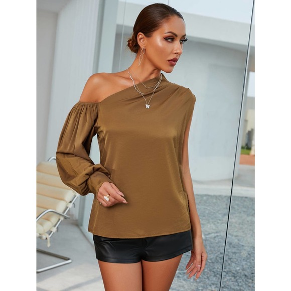 Asymmetrical one shoulder long sleeve tan Blouse - Picture 4 of 6